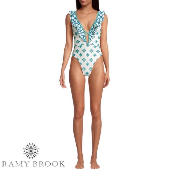 Ramy Brook ***NWT*** Printed Alize Ruffle One-Piece Swimsuit in White Combo - Picture 8 of 11